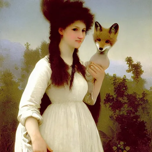 Image similar to An anthropomorphic fox woman wearing a white sunbonnet, portrait by Robert Cleminson and William-Adolphe Bouguereau