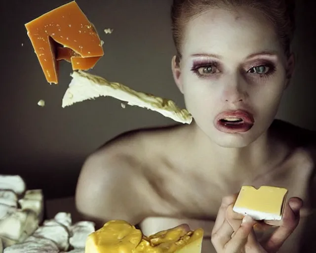 Prompt: incredible strange absurd closeup artwork of androids tasting cheese, finding it very weird but yet tasteful at the same time, weird tasting ritual of cheese products in the style of tim walker fashion photography, also some soft cheese