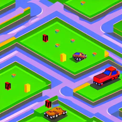 Image similar to isometric top-down driving game, hilly track, jumps, obstacles on the road, isometric, arcade, retro, mame, pixel graphics, tube display filter