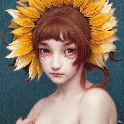 Image similar to white cat girl, botanical, sunflower, portrait face, colorful, frantisek kupka, intricate, miles johnston, kuroda seiki, cynical realism, ozabu, john william godward, painterly, yoshitaka amano, moebius, miles johnston, louise zhang, james jean, mark ryden lowbrow pop surrealism art style