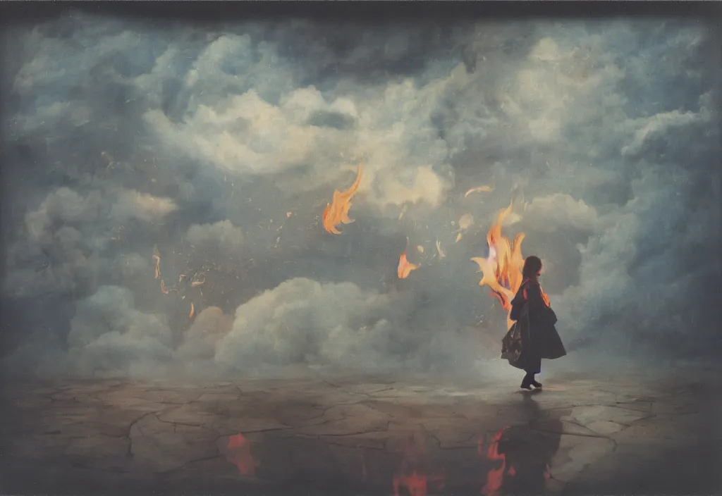 Prompt: a girl in a raincoat runs through clouds of glass, fire burns on the ground, devils fly, pieter brueghel the elder, wangechi mutu, instax, shot at 7 0 mm, vintage, 8 k resolution, volumetric light, rtx light, octane render