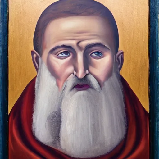 Prompt: Impressive portrait of a Catholic priest with scarlet hair, a beard, and brilliant silver eyes. Oil on canvas.