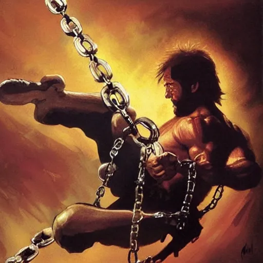 Prompt: cinematic action shot freeze frame portrait of Chuck Norris using nunchaku that are made out of two mini Chuck Norris's connected to each other at their ends by a short metal chain, golden ratio, art by greg rutkowski and frank frazetta and peter mohrbacher and marc silvestri