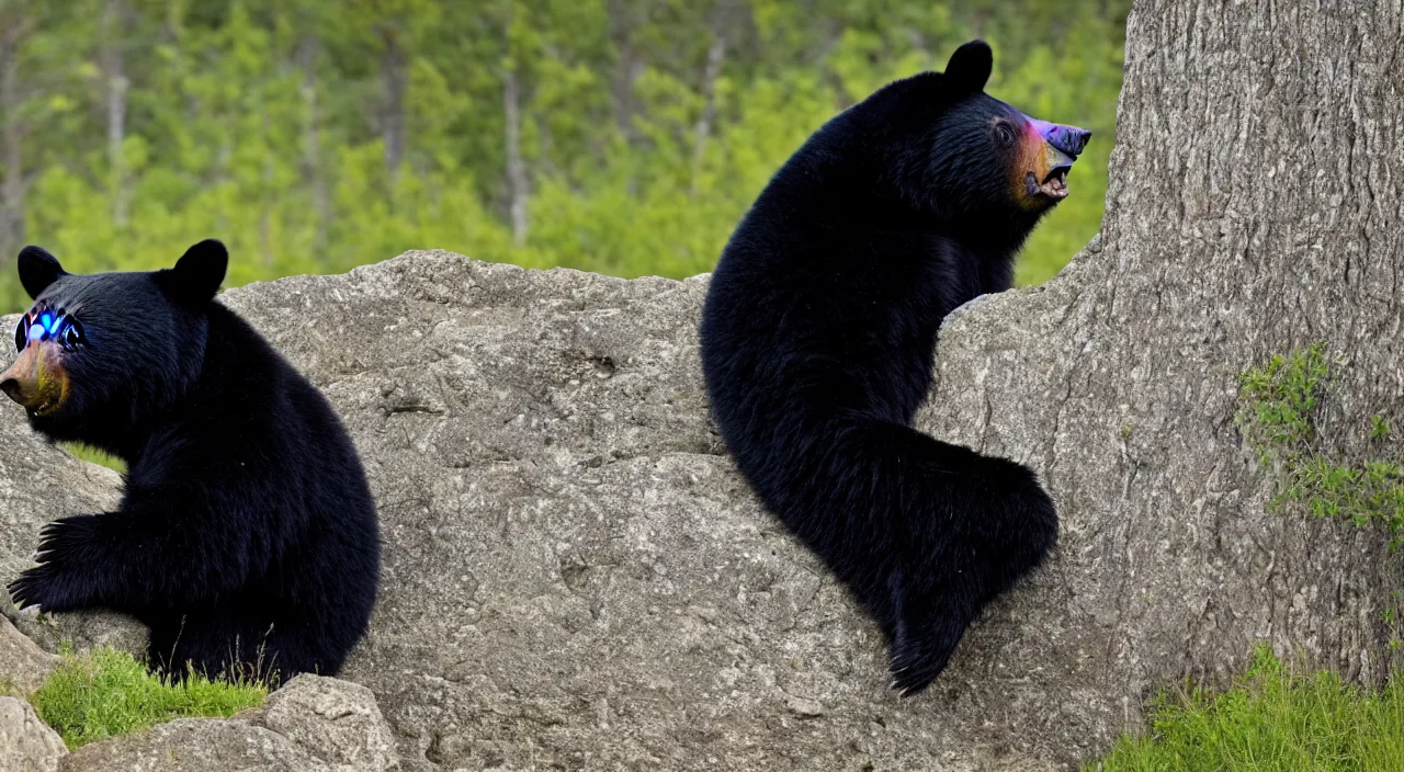 Prompt: a black bear sticks its head out the window