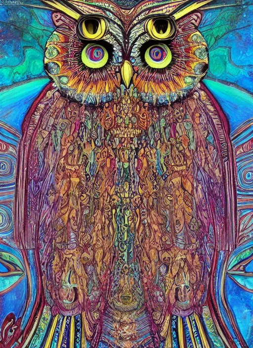 Prompt: detailed psychedelic painting of a owl god, Da Vinci Style