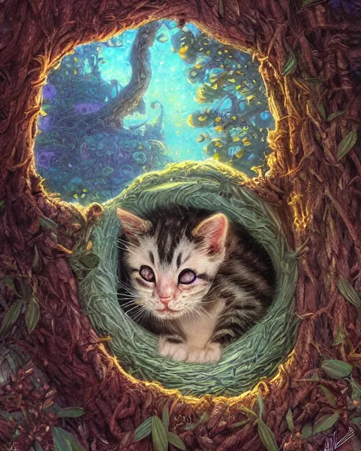 Image similar to an adorable cheshire kitten asleep in a tree | highly detailed | very intricate | symmetrical | whimsical and magical | soft cinematic lighting | award - winning wonderland | painted by donato giancola and paul lehr and ross tran | pastel color palette | featured on artstation