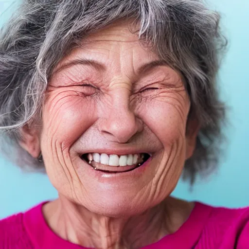 Image similar to an old woman smiling. she has a thin transparent oxygen tubing under her nose