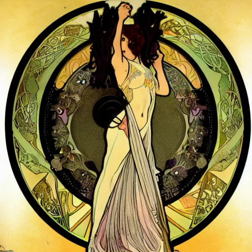 Image similar to a feminine alchemical illustration of The Baphometress by Alphonse Mucha, black background, zoomed out to show entire image