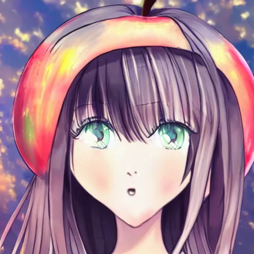 Prompt: celand girl's head is an apple + anime style + background + lots of detailed anime + high quality