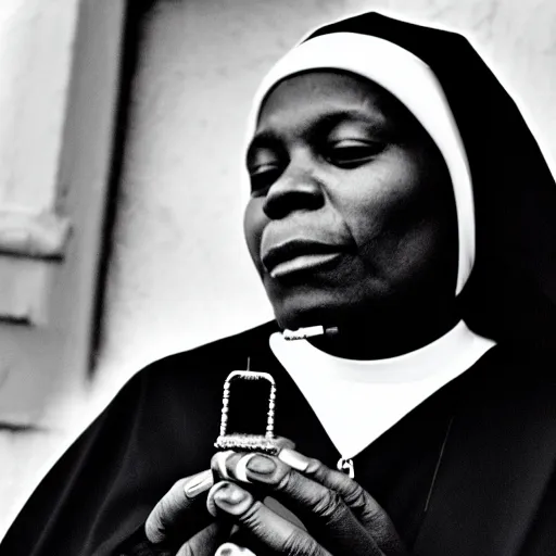 Image similar to a black nun wearing shiny jewelry, she's smoking a cigar and puffing smoke, kodak film photo, amateur photography, candid