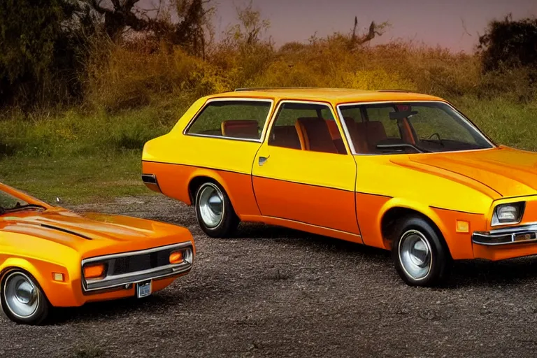 Prompt: 1 9 7 3 ford pinto stationwagon, yellow - orange color, wide - angle lens, dramatic lighting, cool marketing photo