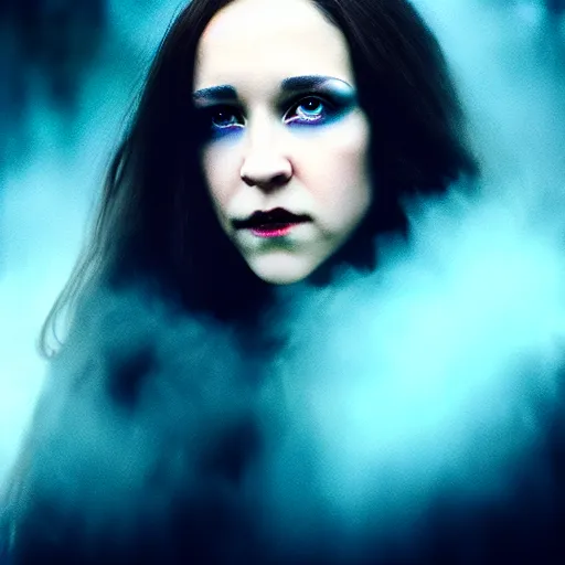 Prompt: Riveting Charismatic brunette female vampire, portrait, atmospheric lighting, painted, intricate, Highgate cemetery, fog, cold, volumetric lighting, beautiful, blue moon light, sharp focus, ultra detailed, by Leesha Hannigan, Ross Tran, Thierry Doizon, Kai Carpenter, Ignacio Fernández Ríos