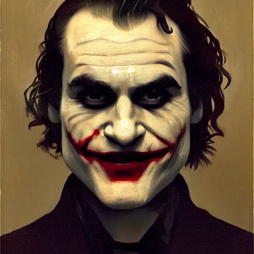 Image similar to Painting of Joaquin Phoenix as the Joker. Art by william adolphe bouguereau. During golden hour. Extremely detailed. Beautiful. 4K. Award winning.
