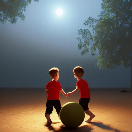 Prompt: two boys playing with a ball, 3 d rendering, art by just radiation, cinematic lighting