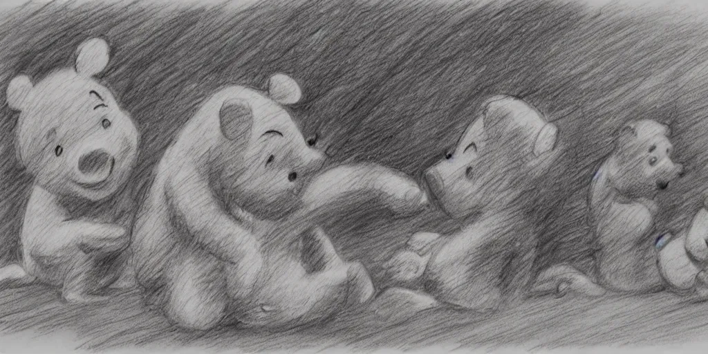 Prompt: winnie the pooh and tigger eating piglet, pencil sketch, high detail,