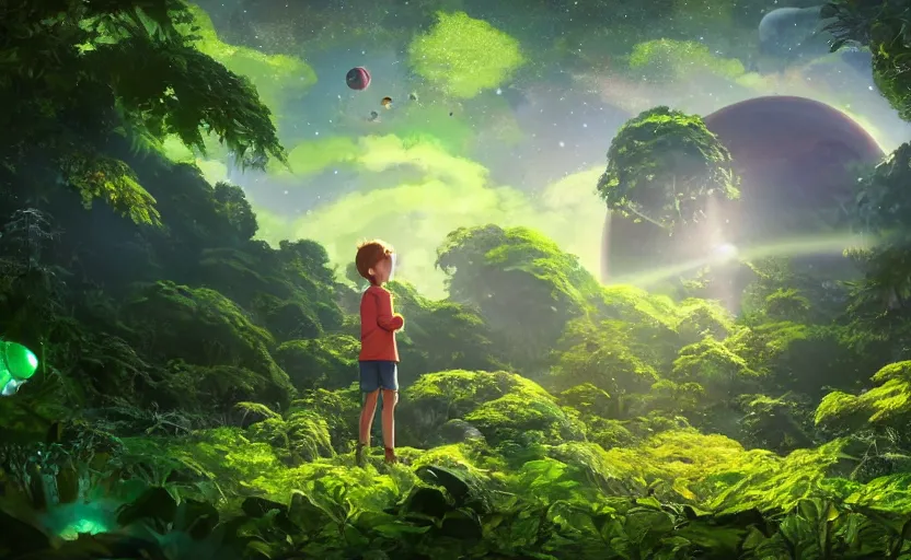 Image similar to a still of a cute adorable tiny astronaut, on a planet of lush foliage, with an enormous kaiju dragon surrounding, magical forest, sharp focus, neon backlit, highly detailed, disney pixar studio ghibli makoto shinkai, digital painting, matte, octane render, global illumination, iridescent, anime, 8 k concept art