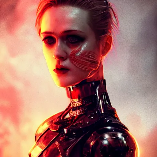 Image similar to evan rachel wood portrait, dystopia core, apocalyptic, armor, warrior, dramatic, sharp focus, fiction, neon, fantasy, hyper detailed, digital art, trending in artstation, cinematic lighting, studio quality, smooth render, unreal engine 5 rendered, octane rendered, art style and nixeu and wlop and krenz cushart