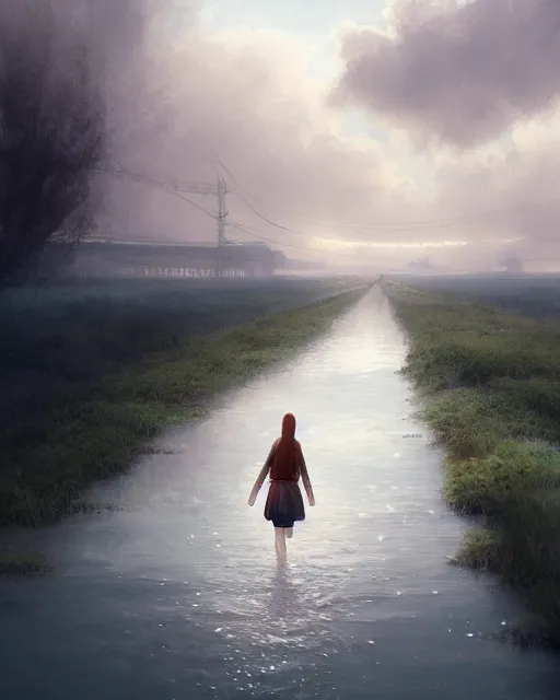 Prompt: photo of girl walking along train tracks sub submerged under a few inches of water, large white clouds in the distance, intricate, elegant, highly detailed, digital painting, artstation, concept art, smooth, sharp focus, illustration, art by artgerm and greg rutkowski and fra angelico