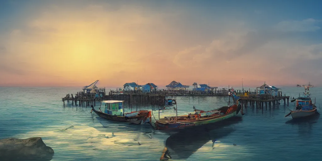 Prompt: pulau indah jetty, boat in foreground, fishing town in background, early morning, detailed matte painting, low angle view, telephoto lens, bokeh, studio ghibli, artstation