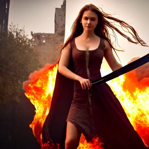 Prompt: a beautiful girl with a beautiful face in a torn dress holding a sword against the background of a burning city, finale fantasy