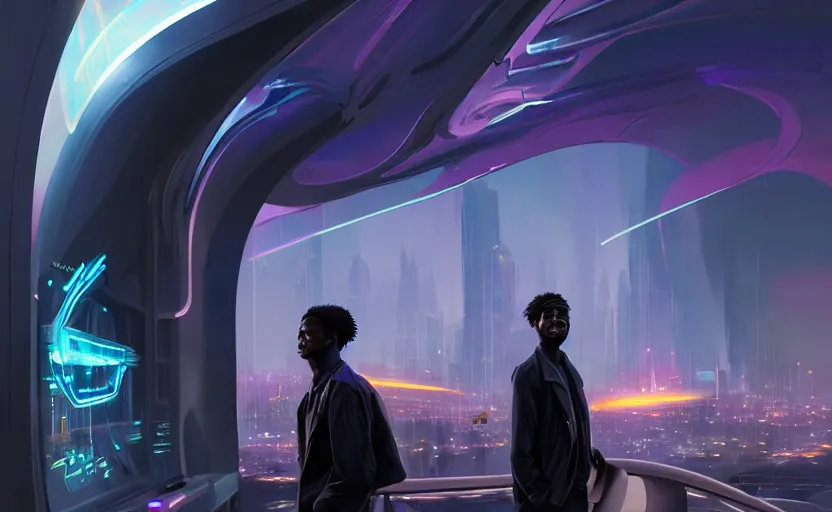 Image similar to handsome black genius infiltrating the metaverse, cinematic and dramatic, curved translucent holographic displays, urban atmosphere, cmyk glowing lights, highly detailed, digital painting, artstation, concept art, smooth, sharp focus, illustration, art by wlop, mars ravelo and greg rutkowski