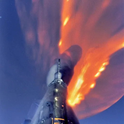 Image similar to apollo command module reentering the earth's atmosphere, heatshield ablasion, fire, dramatic, photograph, epic, cinematic, trail of sparks