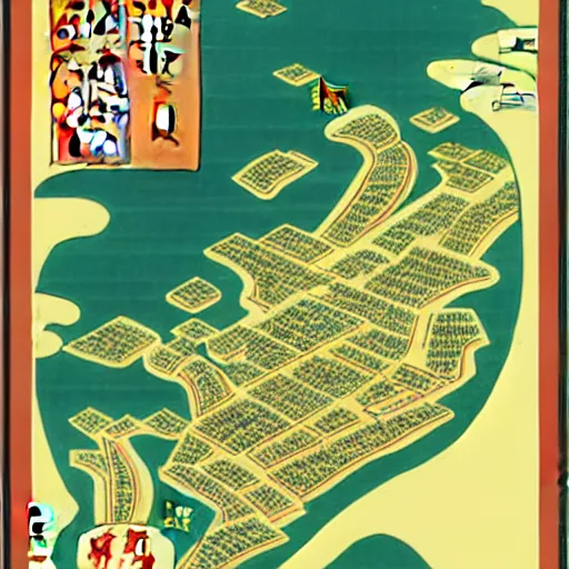 Prompt: propaganda poster of an abstract high resolution map of the banana city in Ukiyo-e style, HD