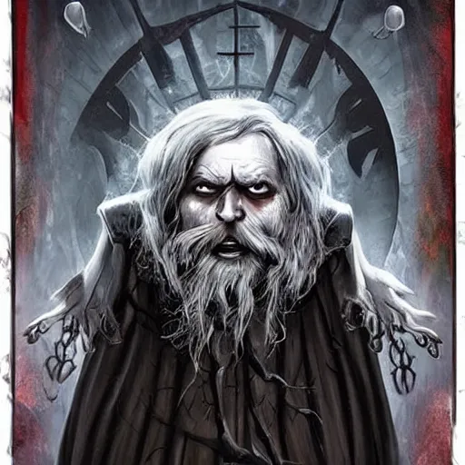 Image similar to dark, evil necromancer with the face of a kind gentle wise old man