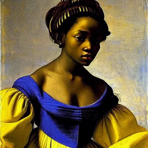 Prompt: a beautiful african girl, she is wearing a yellow dress with blue trim, she has long hair, artemisia gentileschi