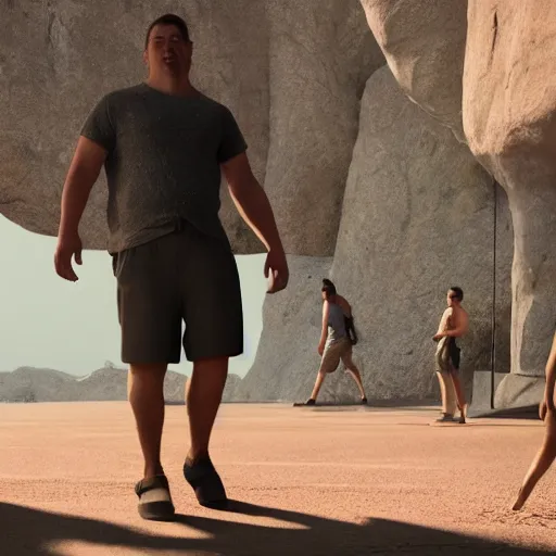 Image similar to giant men in shorts of 3 meters and 5 meters, high definition movie, photorealistic detail, futuristic production, adventure movie, 8 k