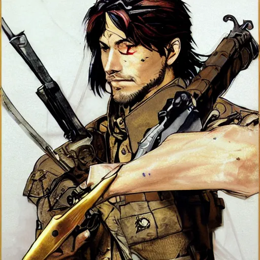 Image similar to portrait of a hero holding his sword in front of his face by yoji shinkawa, high quality, extra details, realism, ornate, colored, golden chain, blood, white skin, short hair, brown eyes, vivid, sunlight, dynamic, american man, freedom, white american soldier