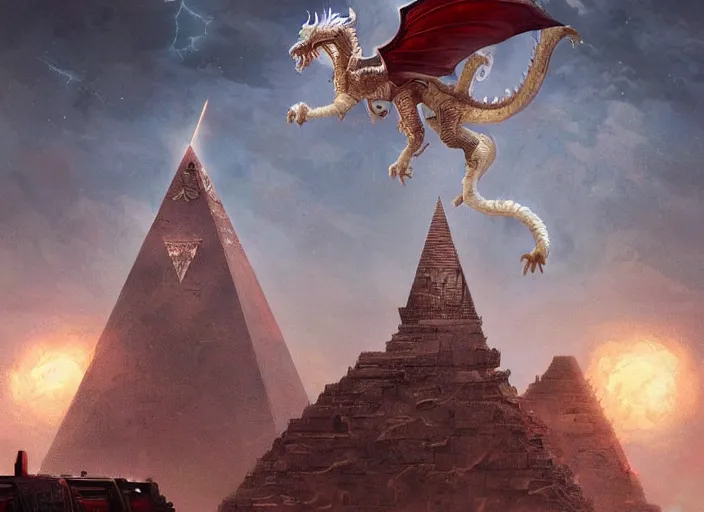 Prompt: luxurious white chinese dragon hovering side of a cyberpunk egyptian pyramid, lightning and thunder during blood moon, by greg rutkowski, james jean, peter mohrbacher, rule of thirds, sigma look, beautiful, intricate, majestic, award winning