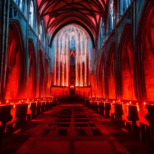 Image similar to A dark cathedral made up of red sandstone lit up by a torches. In the middle of the cathedral is a bonfire surrounded by cultists in red hoods. Their backs facing towards the camera.