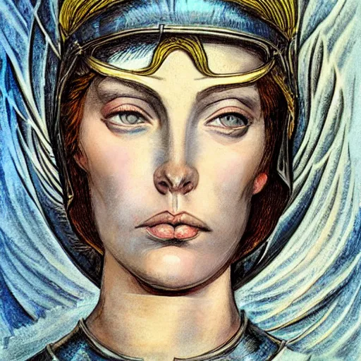 Image similar to beautiful face jeanne d'arc in the style of william blake, terese nielsen, isolde