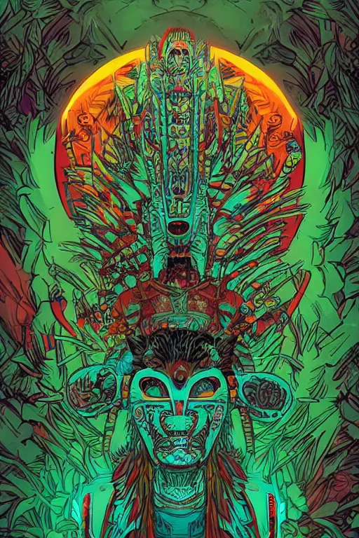 Image similar to totem animal tribal chaman vodoo mask feather gemstone plant video game illustration vivid color borderlands and by feng zhu and laurie greasley, victo ngai, andreas rocha, john harris radiating a glowing aura