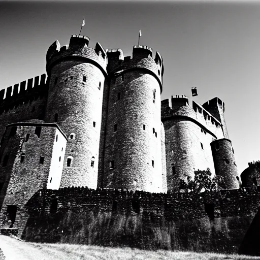 Image similar to a medieval castle on a hill, surrounded by renaissance era fortress walls, surrounded by barbed wire and trenches, black and white photography, 3 5 mm film