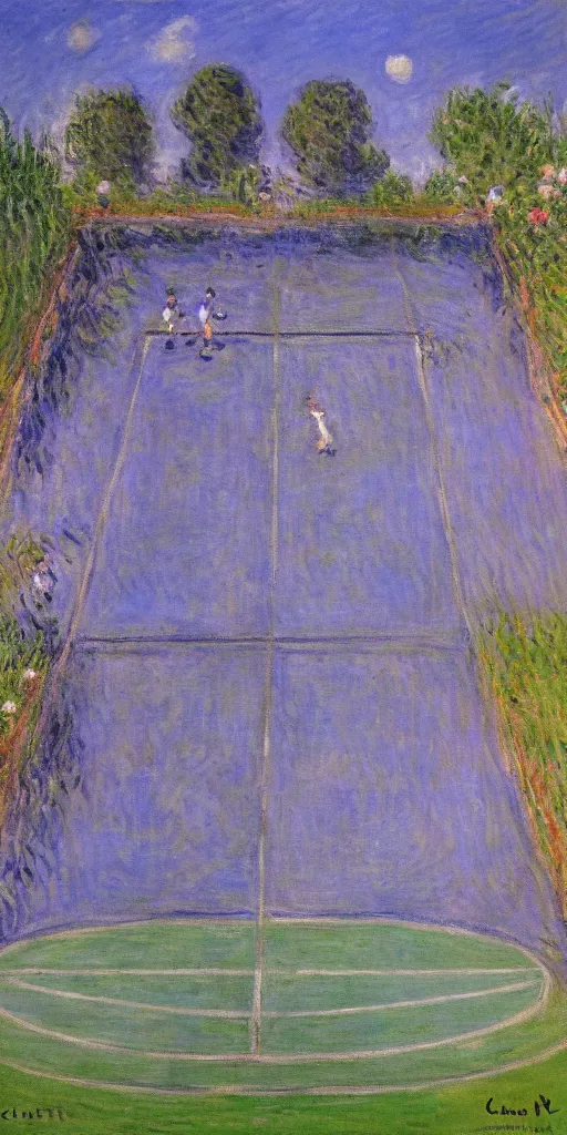 Image similar to tennis court, art by claude monet, impressionism, oil painting, bright colors, advertising painting