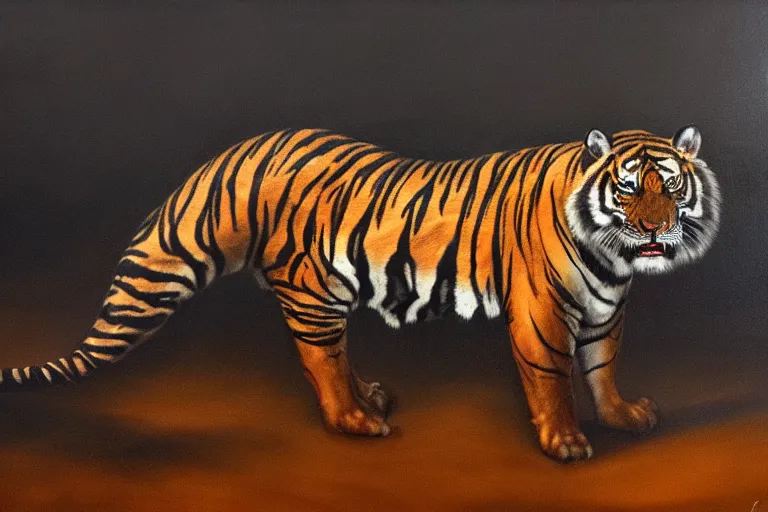 Image similar to A dark, brooding oil painting of a snarling tiger, establishing shot, high-quality, professional, dramatic lighting, extremely high detail, trending on artstation