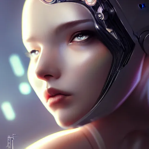 Prompt: portrait of beautiful girl with robot body by artgerm and fenghua zhong, close up, portrait, cinematic, elegant, artstation, intricate, highly detailed, digital painting, artstation, concept art, sharp focus, illustration, cyberpunk, cgsociety, 8 k