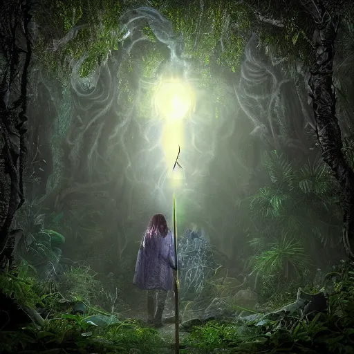 Prompt: a wizard walking towards a ravenous, ominous portal to hades embedded in a creepy tree in a densely overgrown, magical jungle, fantasy, dreamlike sunraise, ultra realistic, atmospheric, stopped in time, dreamlike light incidence