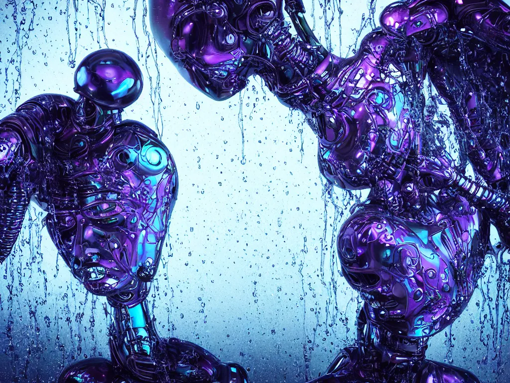 Image similar to beautiful robot by alex grey, vines dripping black iridescent liquid, water in background, moody, dramatic, introspective, 8 k, octane render, photorealistic, hyper detailed, perfect lighting