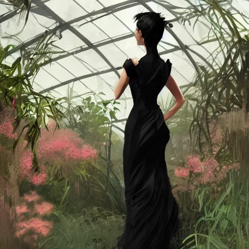 Image similar to portrait of a woman in a black dress standing in an elegant greenhouse garden, dramatic lighting, illustration by greg rutkowski, yoji shinkawa, 4 k, digital art, concept art, trending on artstation