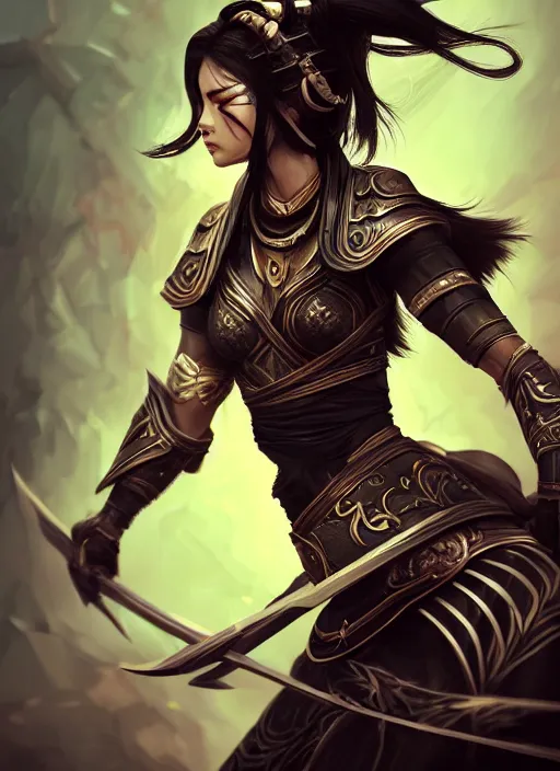 Image similar to a highly detailed illustration of fierce black haired mongol warrior woman with bow, heroic shooting bow pose, perfect hyperdetailed face, intricate, elegant, highly detailed, centered, digital painting, artstation, concept art, smooth, sharp focus, league of legends concept art, wlop.