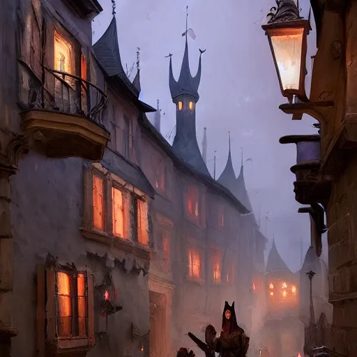 Prompt: streets of a medieval town, street leading to a fantasy castle, dramatic lighting, city background, chiaroscuro, high detail, painted by greg rutkowski, painted by igor kieryluk, painted by bobby chiu, trending on artstation