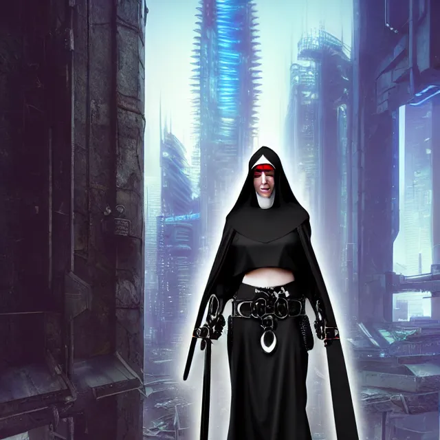 Prompt: cyberpunk nun warrior, highly detailed, 4 k, hdr, smooth, sharp focus, high resolution, award - winning photo, illustrated by anne stokes, photorealistic