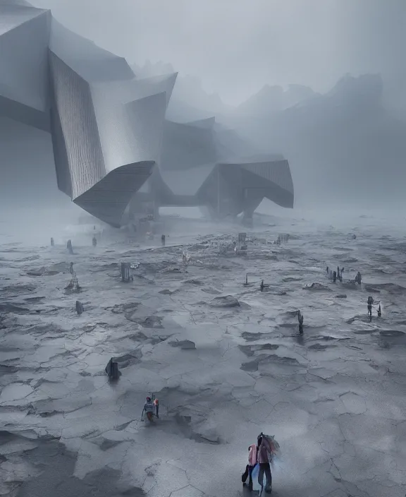 Image similar to surreal romantic covenant deformation horizontal gundam building, futuristic berserk white architecture in the beach in iceland, foggy, highly detailed, digital painting, arstation, concept art, hyperealistic octane render, unreal engine, by ruan jia