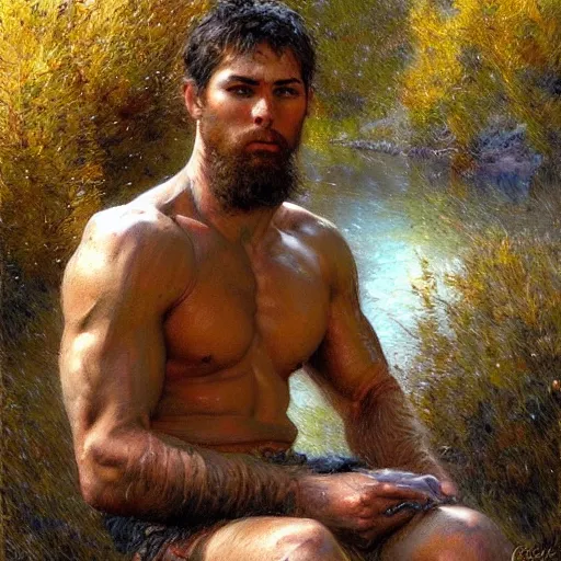 Prompt: young shepherd by a river, playful, male, muscular, detailed face, thighs!!!! gorgeous, amazing, muscular, intricate, highly detailed, painting by Gaston Bussiere, Craig Mullins