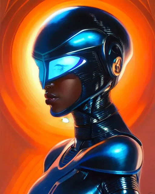 Image similar to Portrait of very very very very very very beautiful black woman, spacesuit, futuristic cybernetic helmet, blue eyes, real life skin, intricate, elegant, highly detailed, artstation, concept art, smooth, sharp focus, art by artgerm and greg rutkowski and alphonse mucha