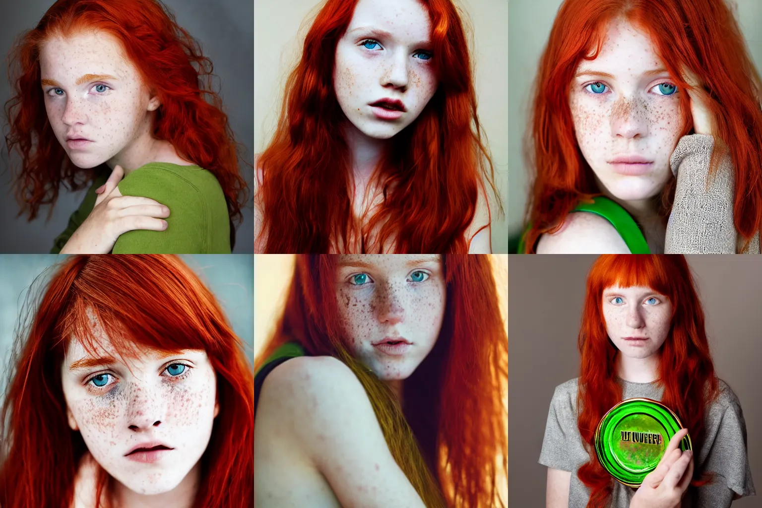 Prompt: A portrait photograph of a 15 year old girl, red hair, freckles, green eyes, award winning, stunning