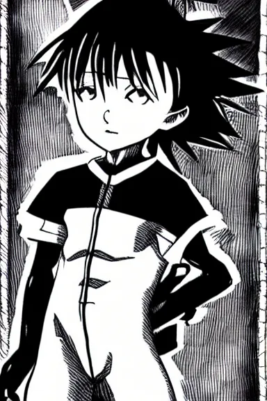 Image similar to attractive little boy in black cat suit, black and white artwork made by yoshihiro togashi,